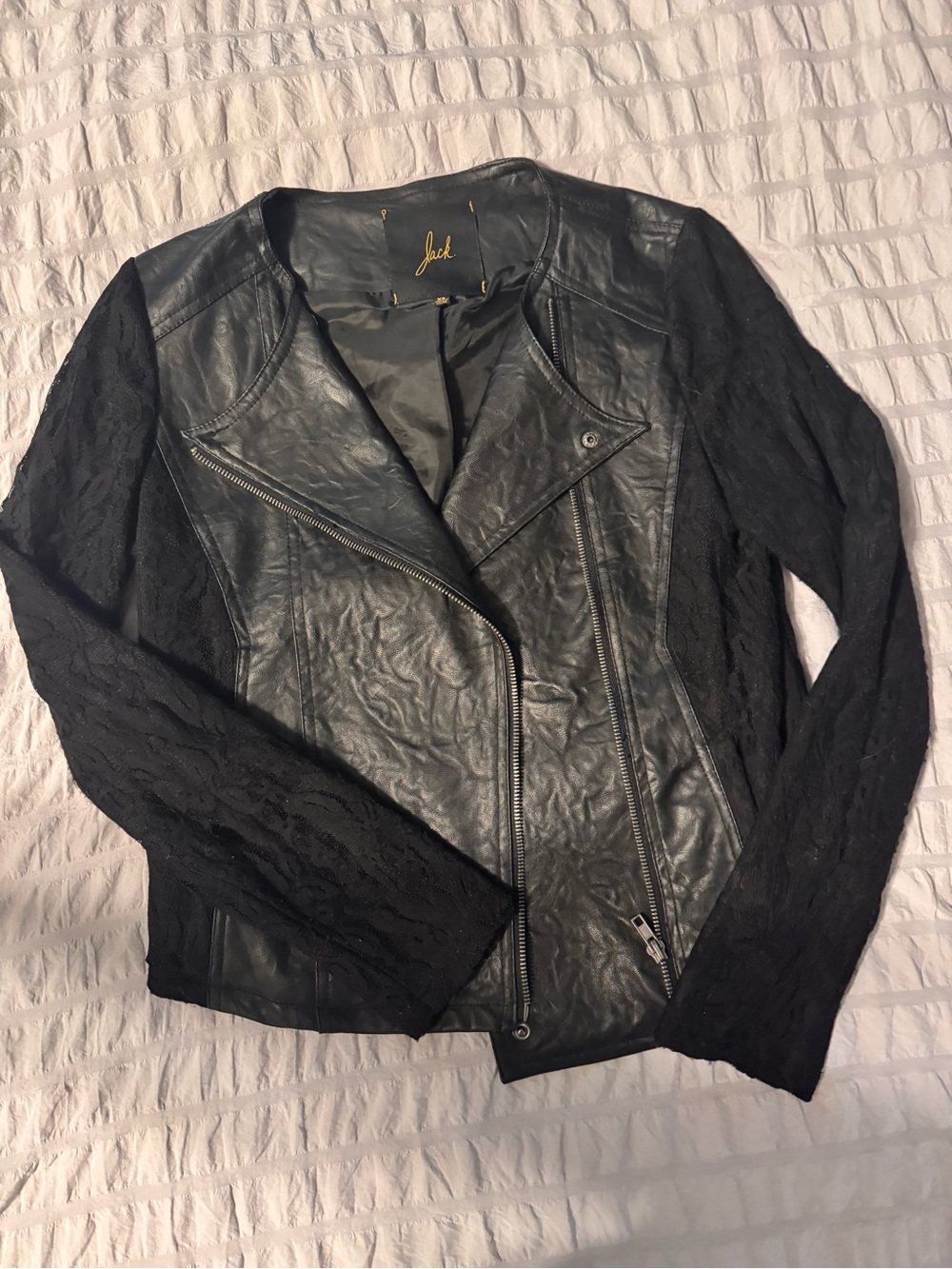 Jack by BB Dakota Black Lace-Sleeve Faux Leather Moto Jacket